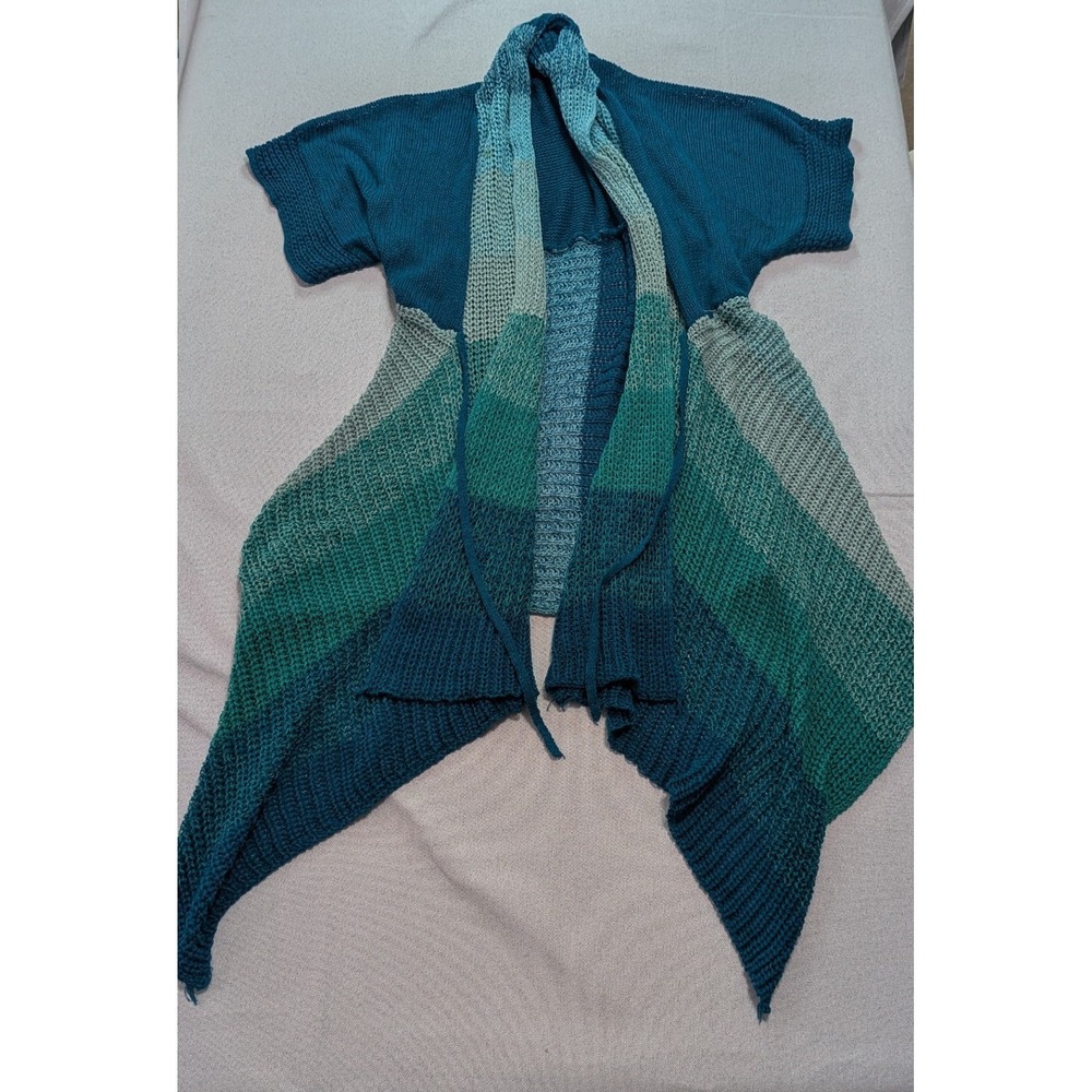 BCBGMAXAZRIA Cardigan Women XL Teal Excellent Handkerchief Hem Short Sleeve Knit